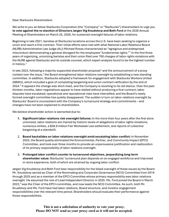 Image for article: Letter to Investors Urging a Vote AGAINST the Re-Election of Starbucks Directors Jørgen Vig ...