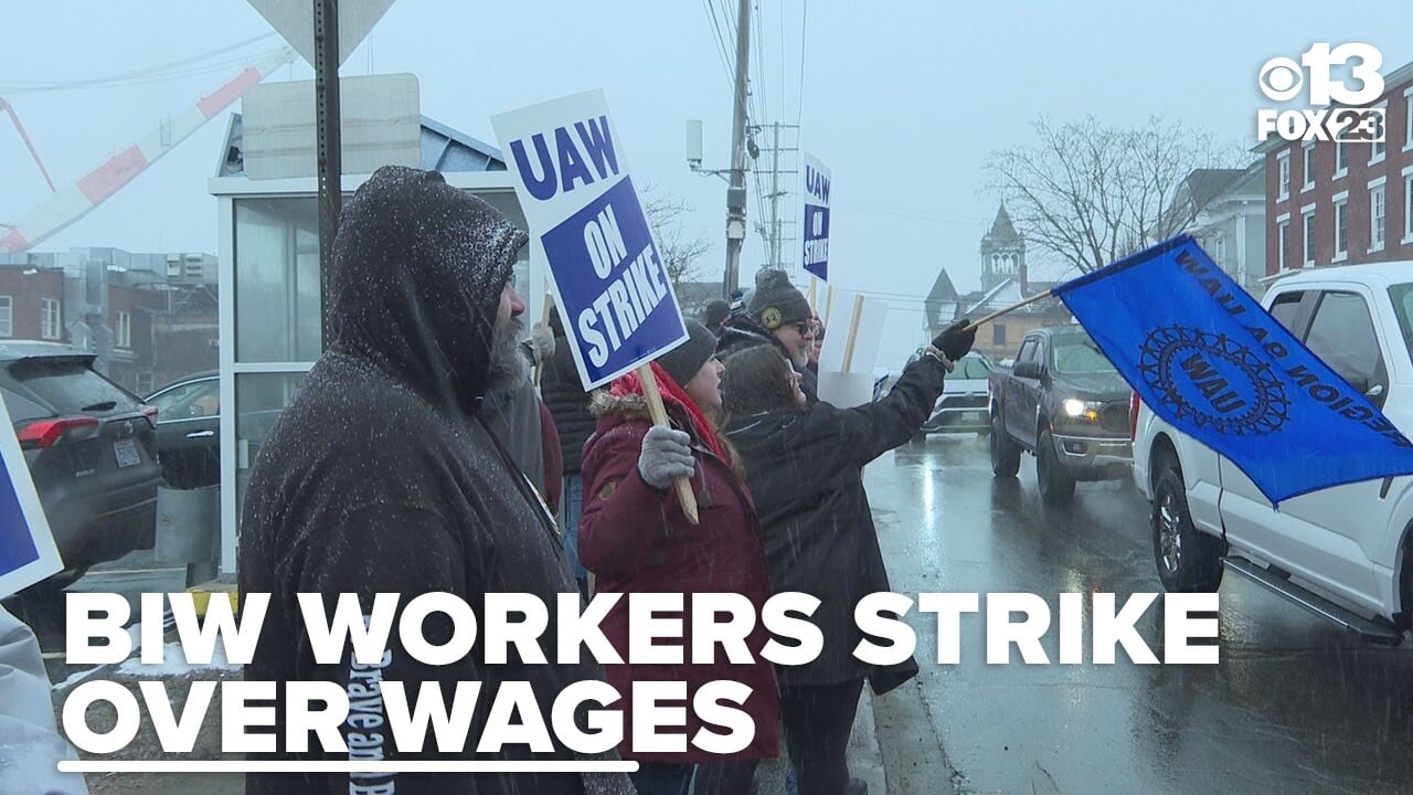 Image for article: Union <b>workers strike</b> at Bath Iron Works after failed contract negotiations - YouTube