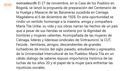 Image for article: Nomadesc honours union historian and activist María Tila Uribe, prepares for the centennial of the Banana Strike
