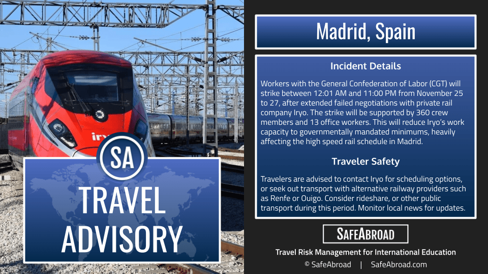 Image for article: High-speed railway <b>workers</b> will <b>strike</b> in Madrid, Spain. - SafeAbroad