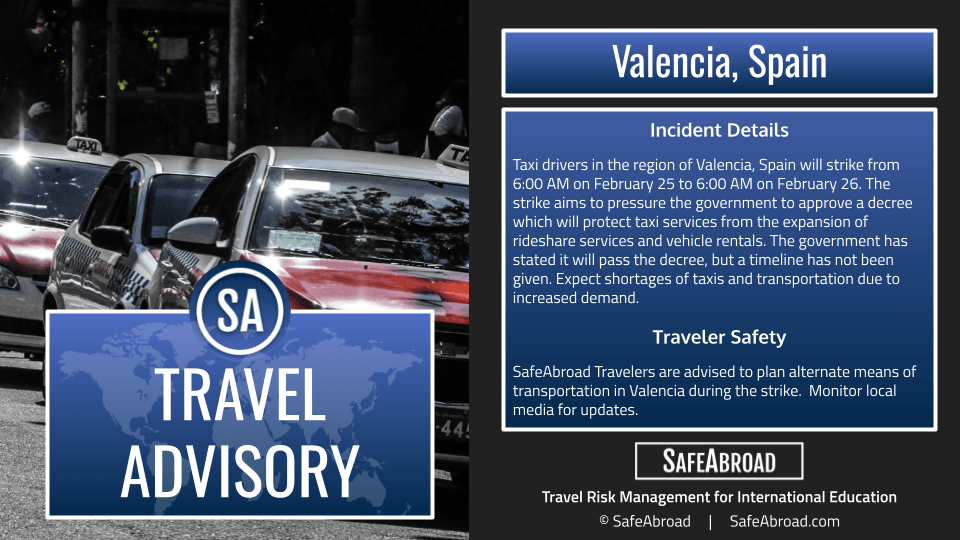 Image for article: Taxi drivers will <b>strike</b> in Valencia, Spain for 24 hours from 6:00 AM on February 25 to ...