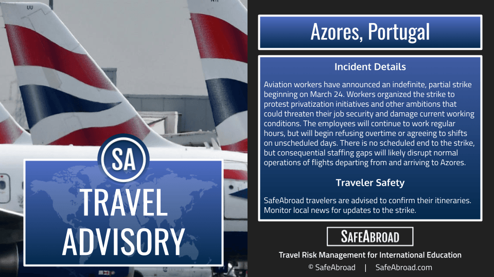 Image for article: Aviation workers in Azores, Portugal will participate in a partial strike starting on March 24; anticipate