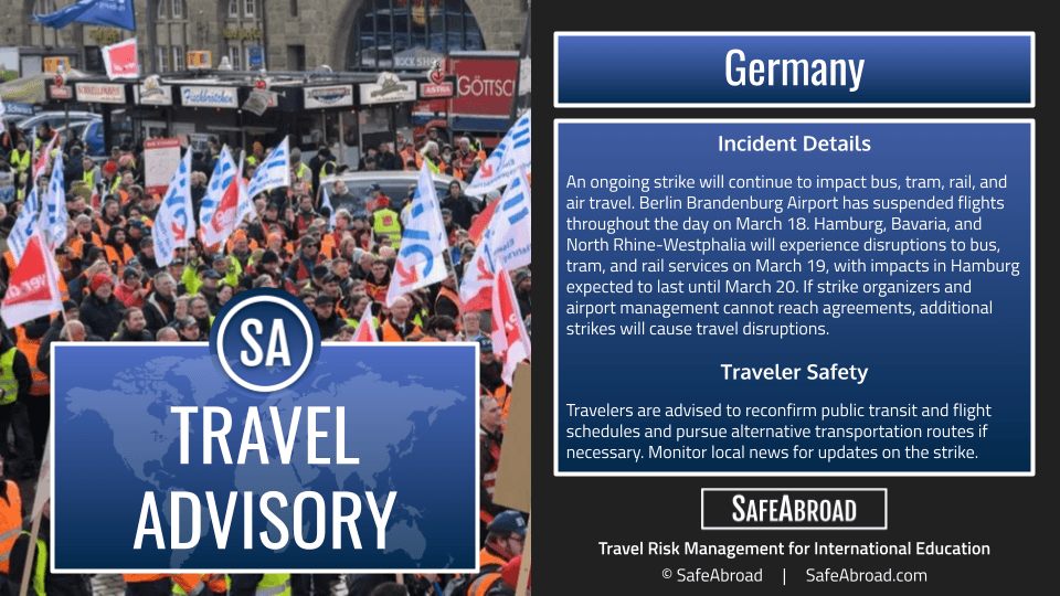 Image for article: Transportation workers will strike in several cities across Germany from March 18 until March 20; anticipate