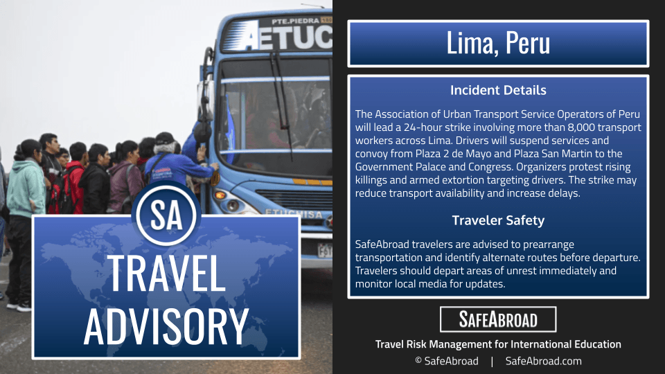 Image for article: Transport <b>workers</b> will <b>strike</b> across Lima, Peru, on March 5 over driver killings and extortion