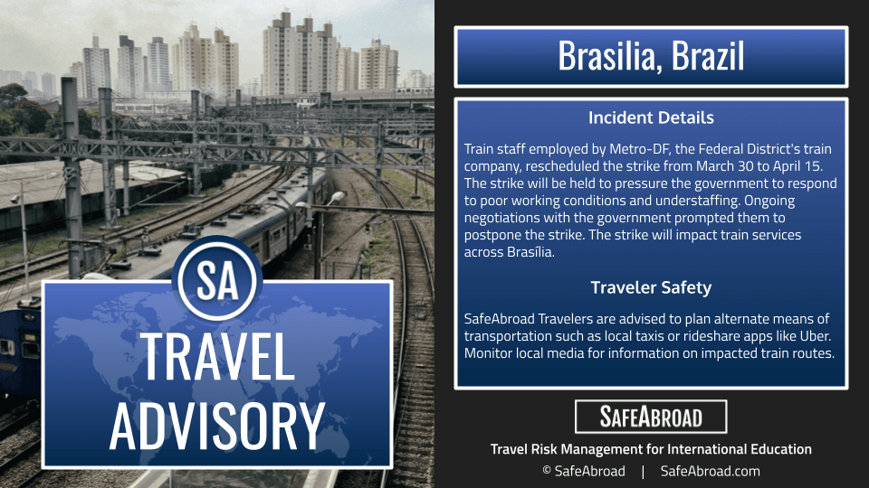 Image for article: Train workers will strike in the Brasilia, Brazil on April 15, causing travel delays. - SafeAbroad