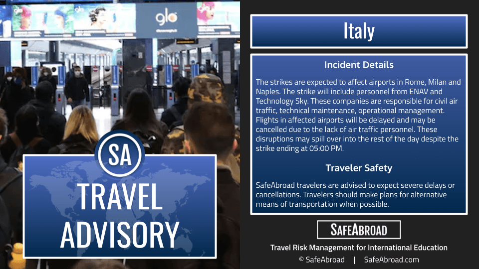 Image for article: A national strike will affect air transport services across Italy on April 10 from 01:00 PM to 05:00 PM. -