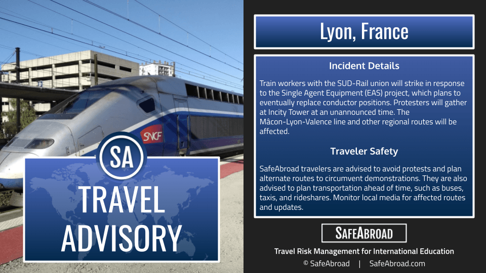 Image for article: Train workers will strike and gather at Incity Tower in Lyon, France, on April 23, causing travel