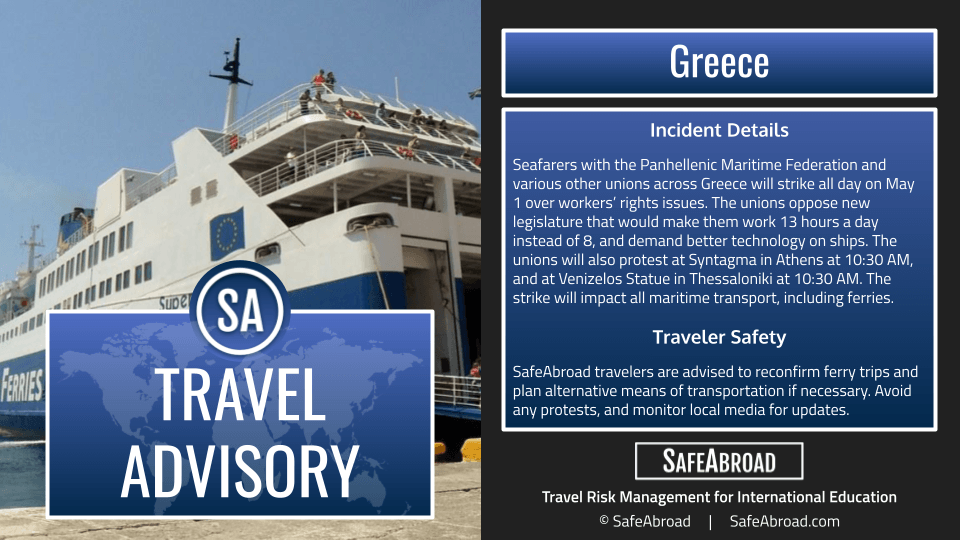 Image for article: Unionized seafarers will strike across Greece all day on May 1 over workers' rights disputes. -