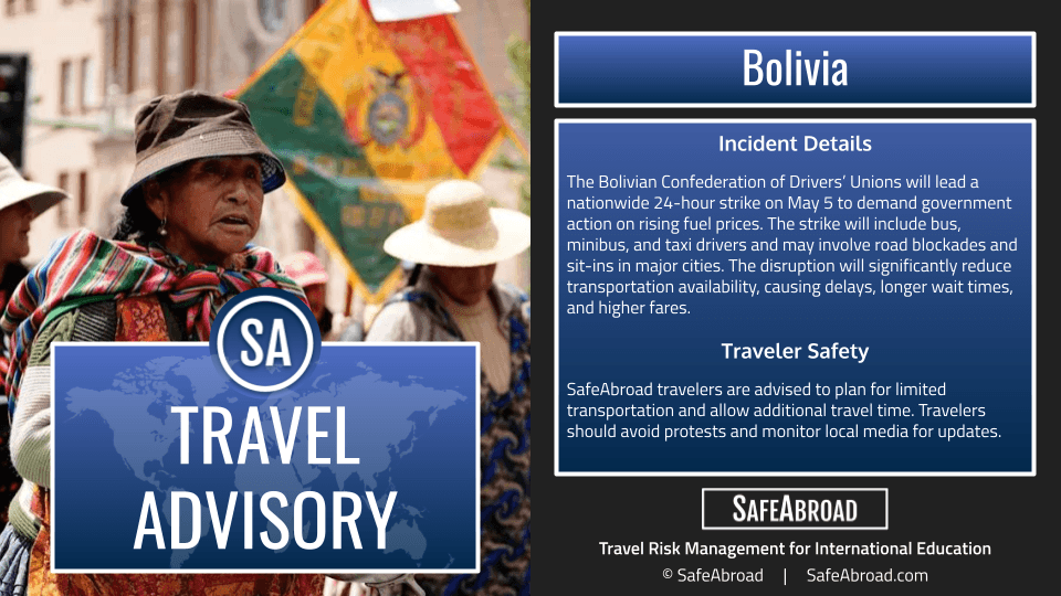 Image for article: Transportation workers in Bolivia will strike nationwide on May 5, causing significant travel disruptions
