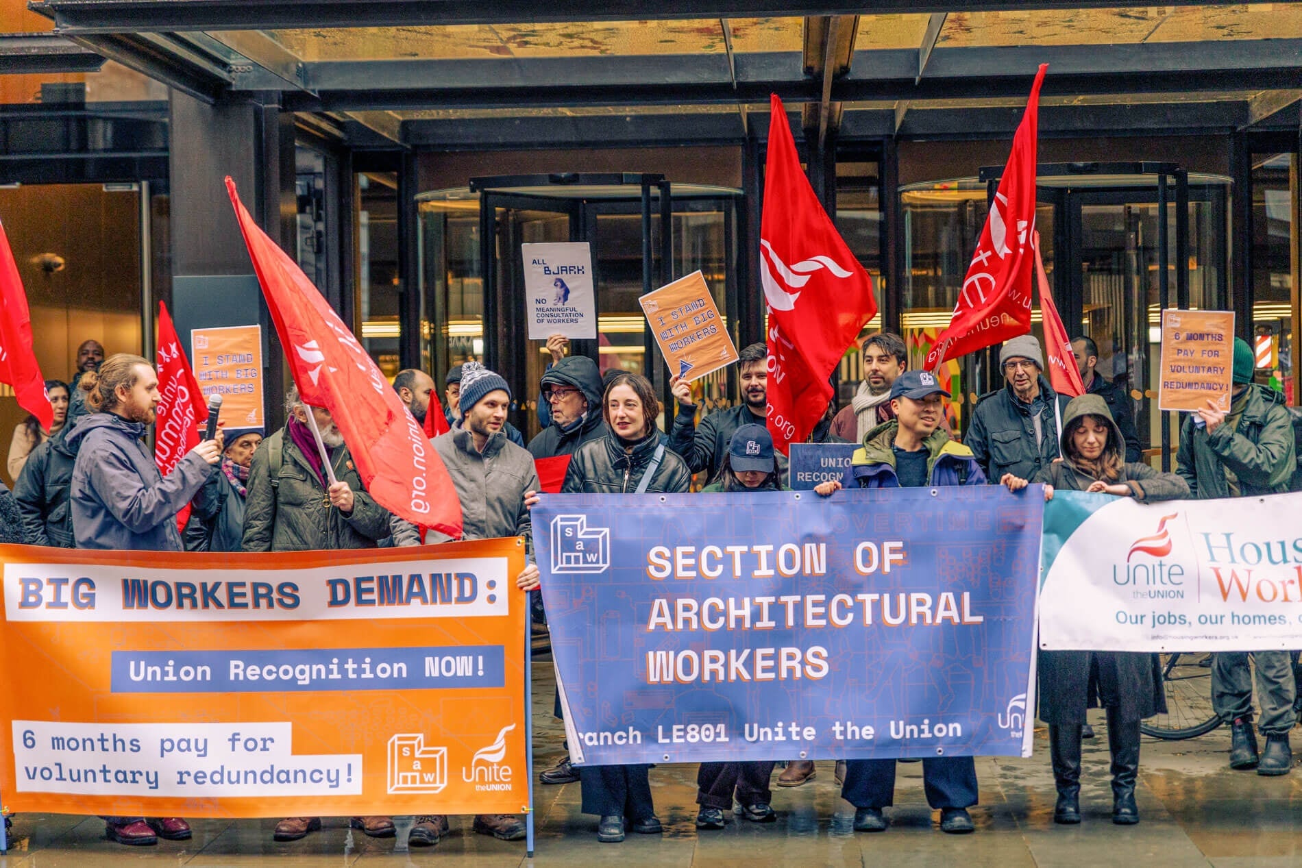 Image for article: Bjarke Ingels Group workers demonstrate at London office against mass layoffs