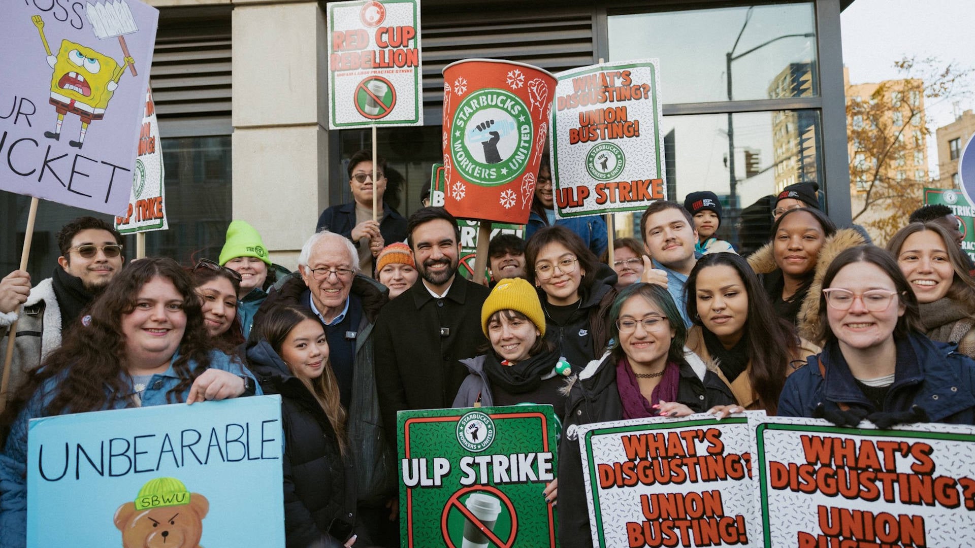 Image for article: “This Is a Union Town”: Zohran Mamdani &amp; Bernie Sanders Join <b>Striking</b> Starbucks <b>Workers</b>' Picket