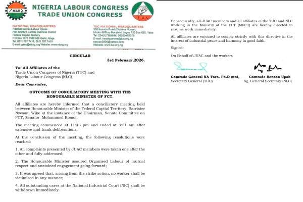 Image for article: Workers Resume: NLC, TUC End FCTA Strike After Wike Talks