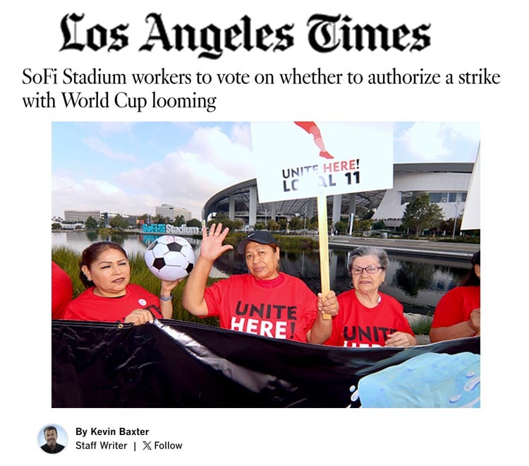 Image for article: LA Times: SoFi Stadium workers to vote on whether to authorize a strike with World Cup looming