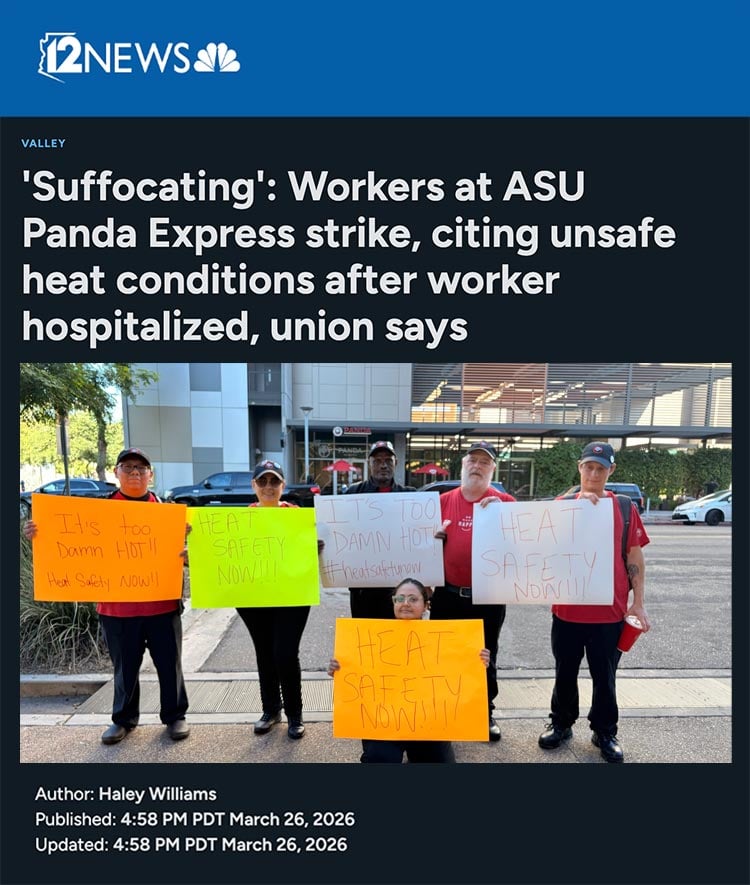 Image for article: 12NEWS: 'Suffocating': <b>Workers</b> at ASU Panda Express <b>strike</b>, citing unsafe heat conditions ...