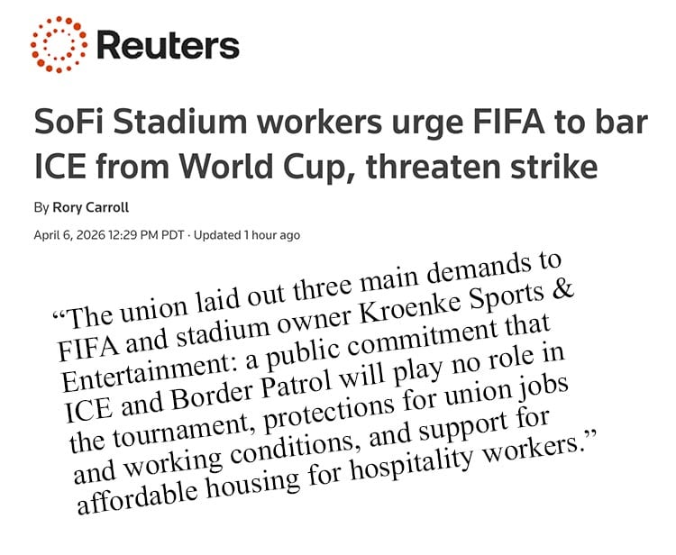 Image for article: REUTERS: SoFi Stadium <b>workers</b> urge FIFA to bar ICE from World Cup, threaten <b>strike</b>