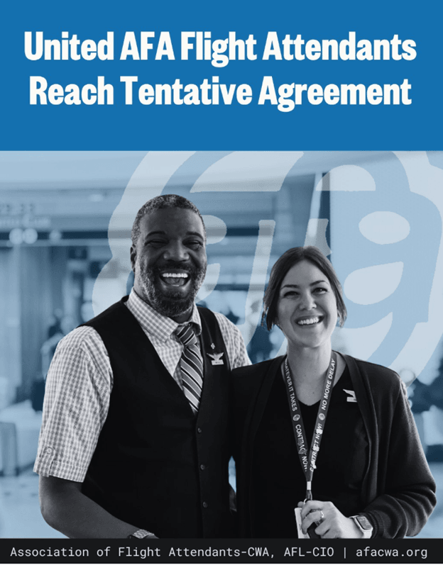 Image for article: AFA-CWA Reaches Tentative Contract Agreement With United Airlines, 'Winning Boarding &amp; Sit Pay'