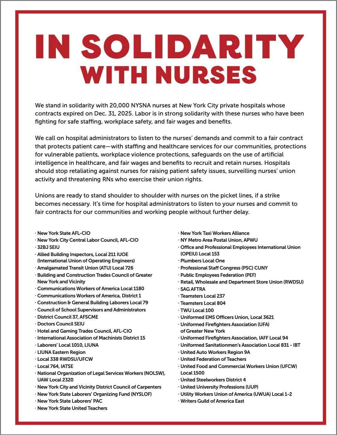 Image for article: NYSNA Nurses ‘Take Action To Demand’ Hospitals ‘Protect Health Benefits & Safe Staffing’ - While Safety-Net Hospitals ‘Commit To Investing In Patient Care, Some Of The Wealthiest Hospitals Refuse To Safely Staff & Protect’ Health Benefits