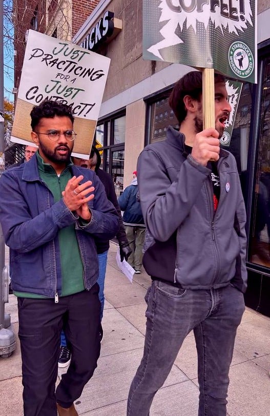 Image for article: Starbucks workers to bosses: ‘No contract, no coffee!’