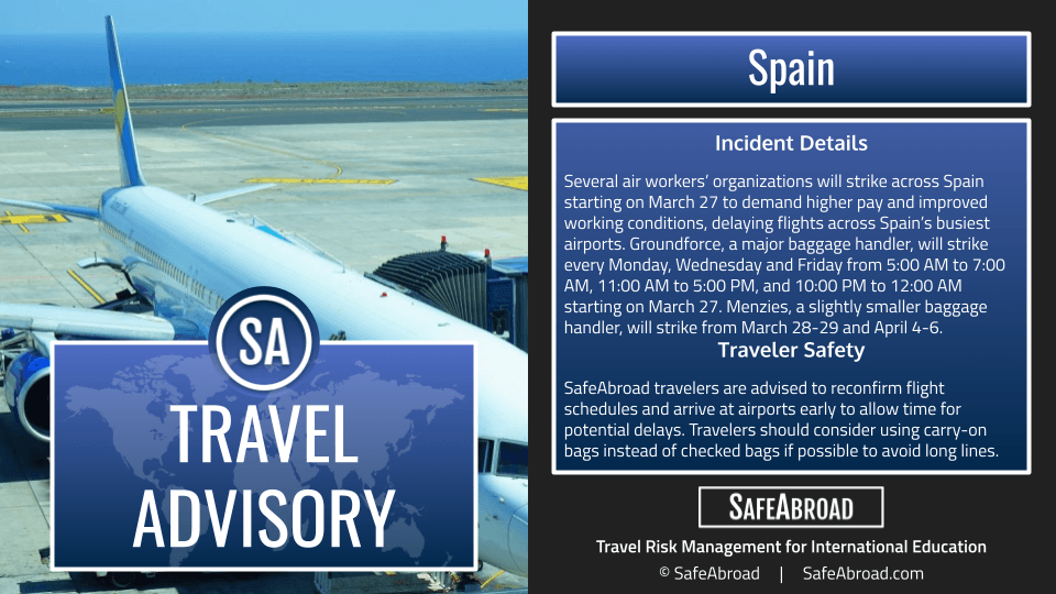 Image for article: Many airport <b>workers</b> will <b>strike</b> across Spain starting March 27, causing significant delays.