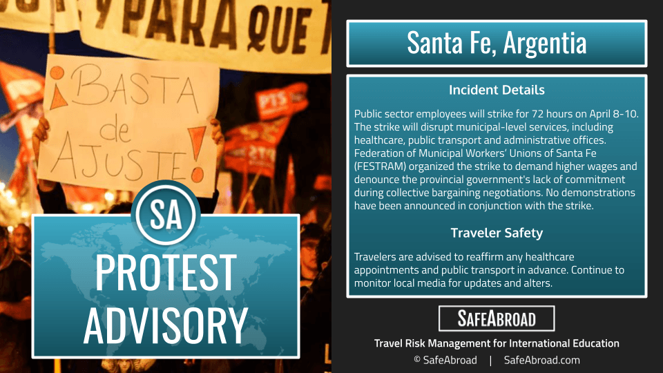 Image for article: Public sector employees in Santa Fe, Argentina will strike for 72 hours on April 8-10; expect disruptions to